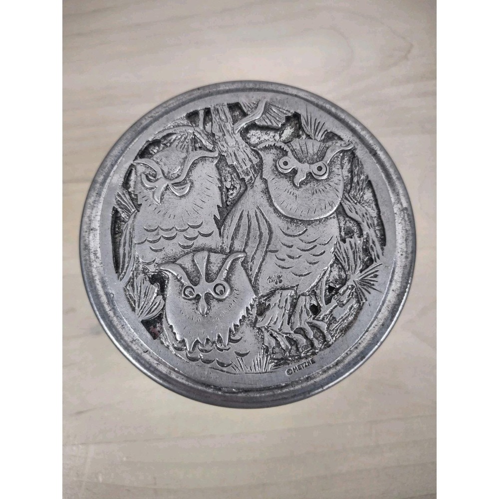 Vintage Pewter Owls Round Trinket Box Designs By Metzke Pewter 1970